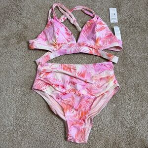NWT Cupshe Coastal Palm Bikini Top & Ruched High-Waisted Bottoms Set Pink Swim L